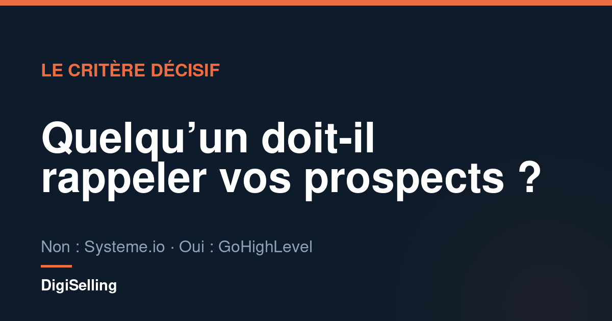 Schéma : si personne ne rappelle vos prospects, Systeme.io suffit ; si vous envoyez des devis et relancez, GoHighLevel s’impose